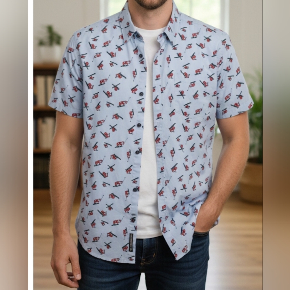 MBX Premium Goods Short Sleeve Button Down Shirt Blue Christmas Pattern Mens L